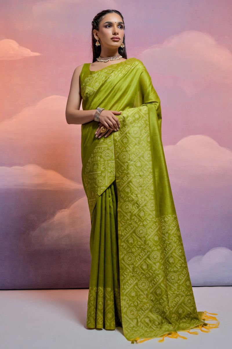 Green Handloom Raw Silk Festive Wear Weaving Border Work Saree