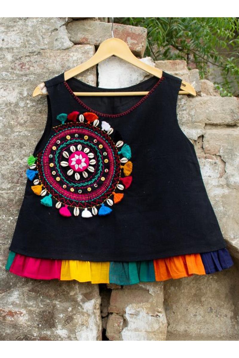 Black Mandala Cotton A Line Sleeveless Top