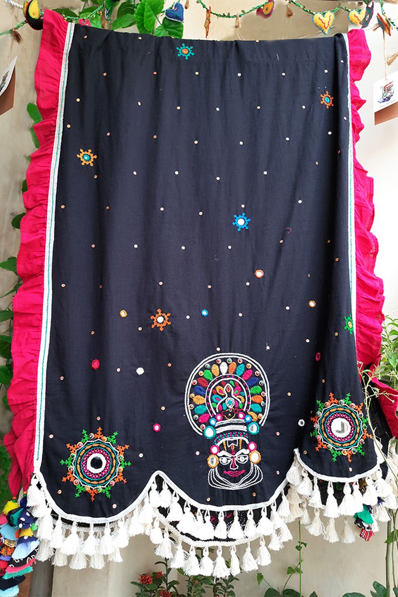 Black Hand Embroidered Kathakali Cotton Dupatta