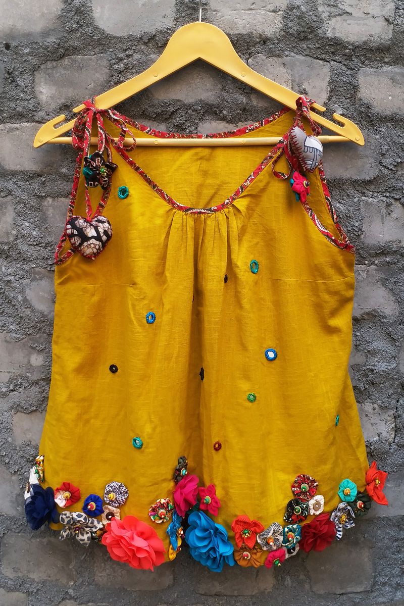 Mustard Yellow Cotton Hand Embroidered A Line Sleeveless Tank Top