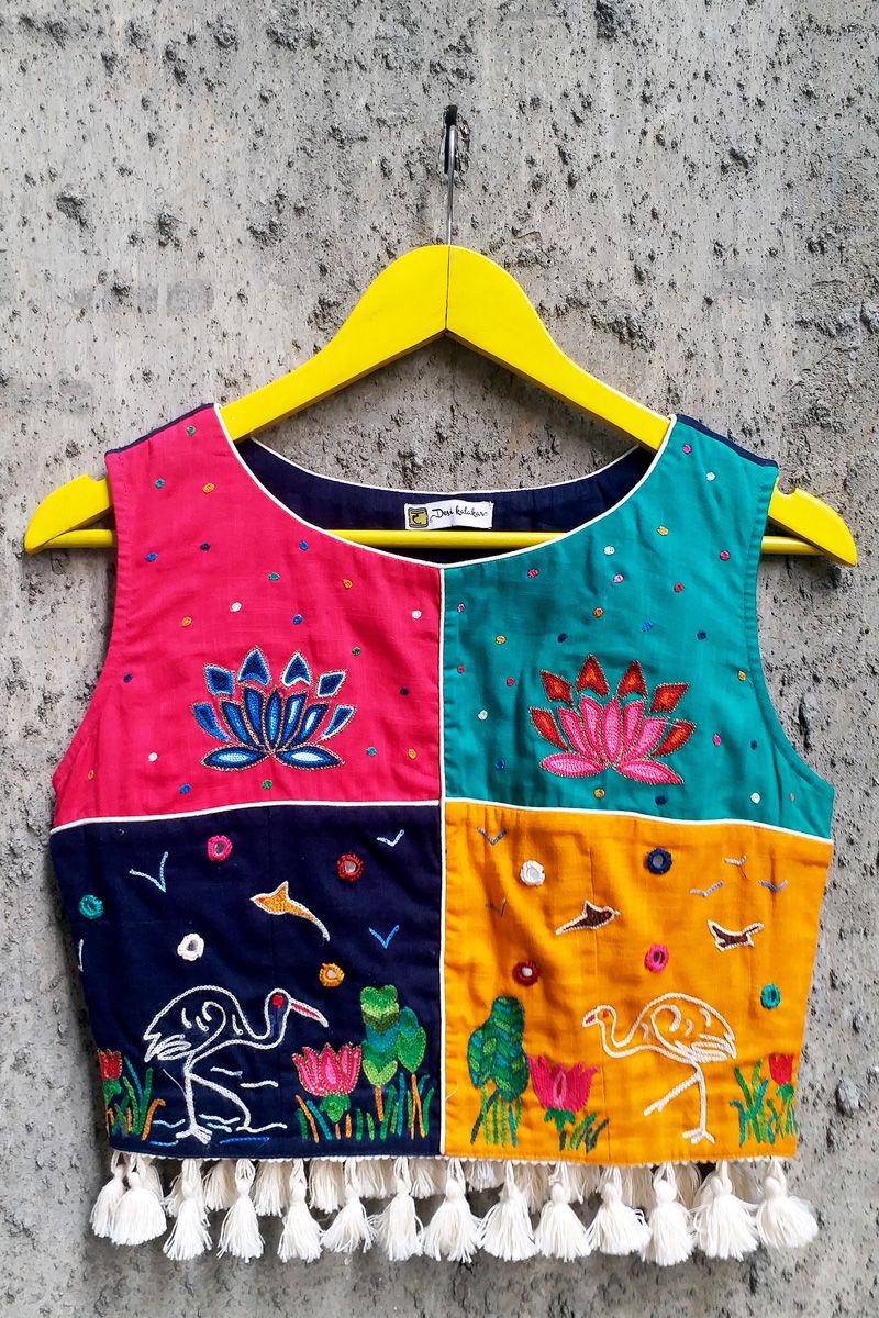 Multi Color Cotton Hand Embroidered A Line Sleeveless Blocked Pond Top