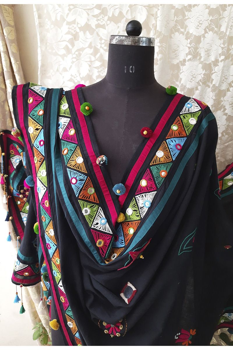 Rectangular Black Cotton Hand Embroidered Geometric Rabari Dupatta