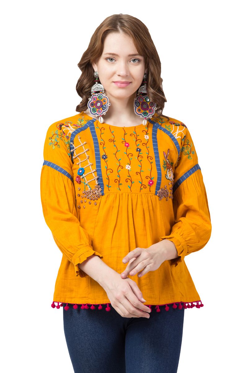 Mustard Yellow Slub Cotton Hand Embroidered A Line Bishop Sleeves Peacefully Wild Top