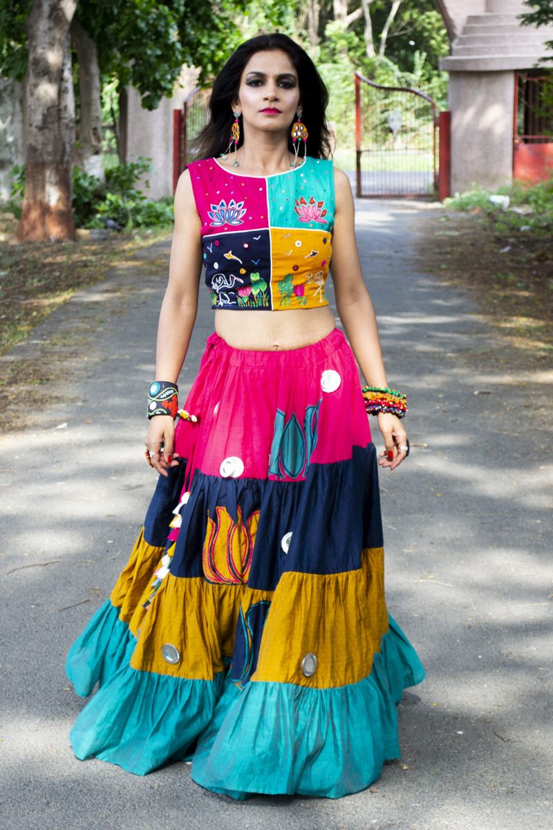 Multi Color Hand Embroidered Sleeveless Blouse Fitted Skirt Tiered