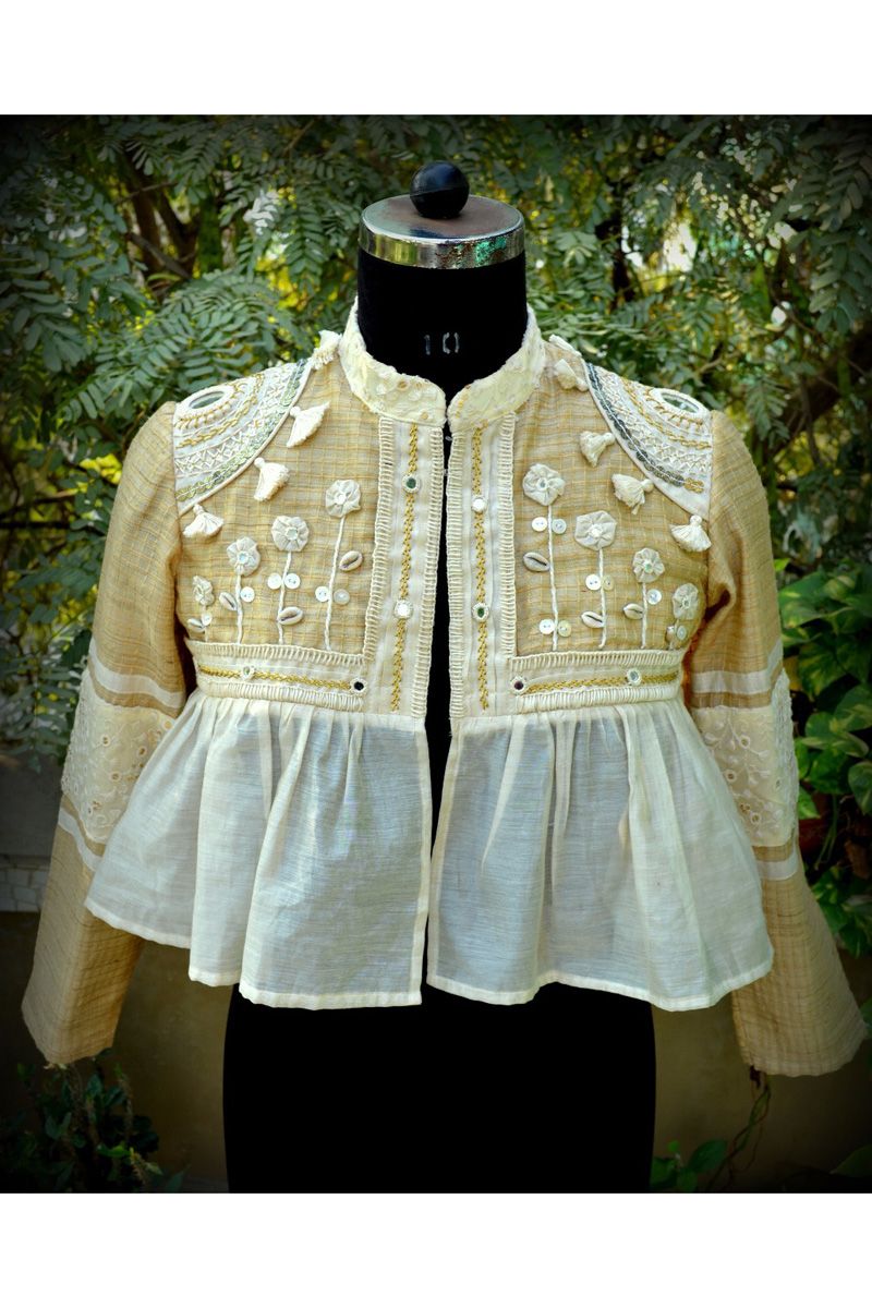 Off White Chanderi Silk Hand Embroidered Basic Full Sleeve Jacket