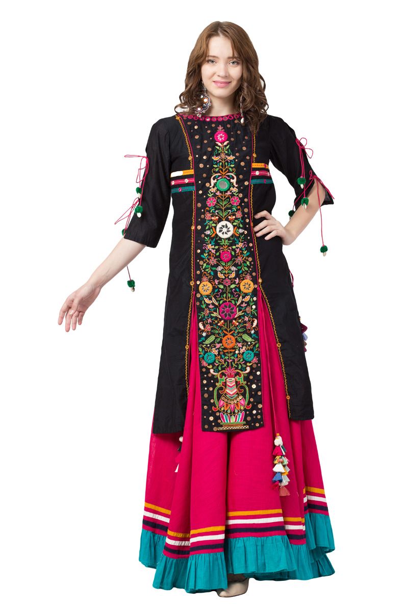 Black Cotton Jute Hand Embroidered 3/4th Basic Fitted Sleeves Mughal Kurti And Skirt Set