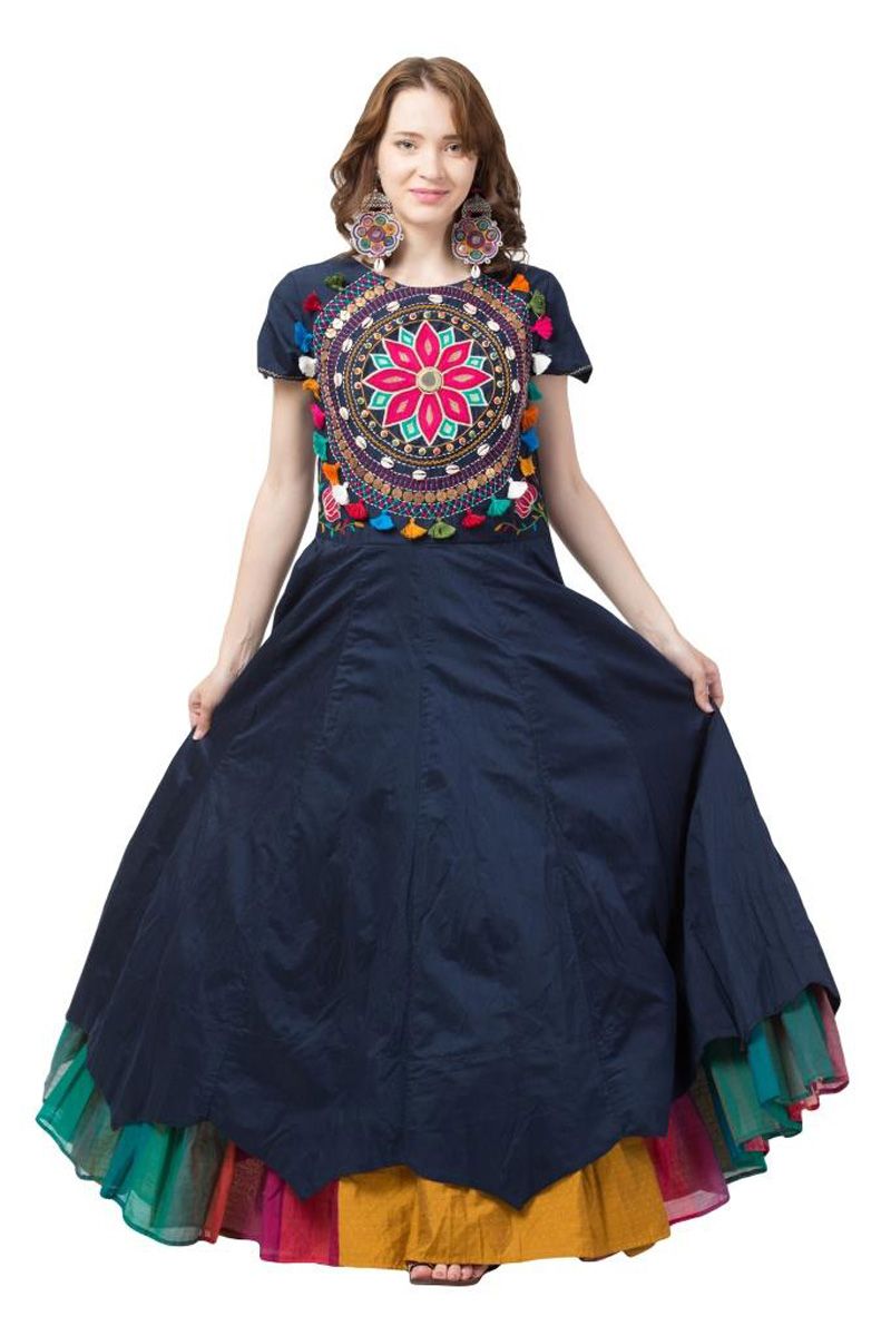 Blooming Sun Mandal Navy Blue Soft Silk Hand Embroidered Basic Short Sleeves Gown