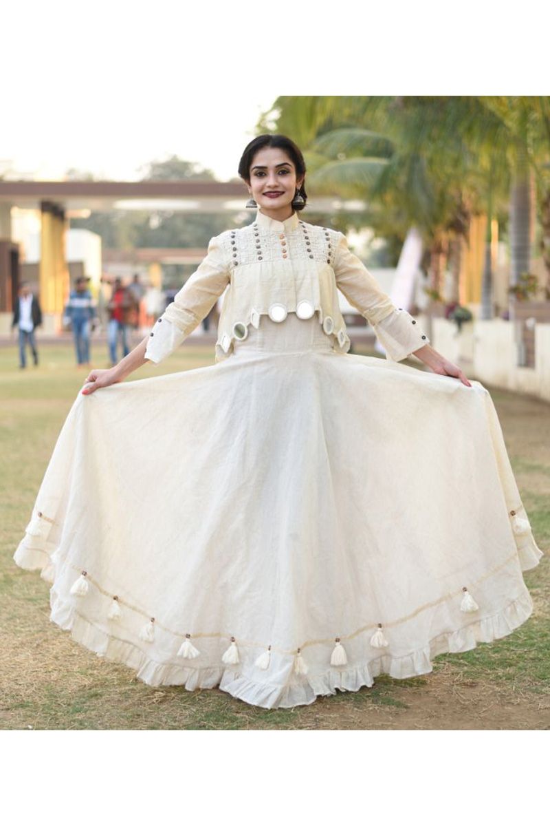 Off White Chanderi Silk Hand Embroidered 3/4th Sleeves Umbrella Gown