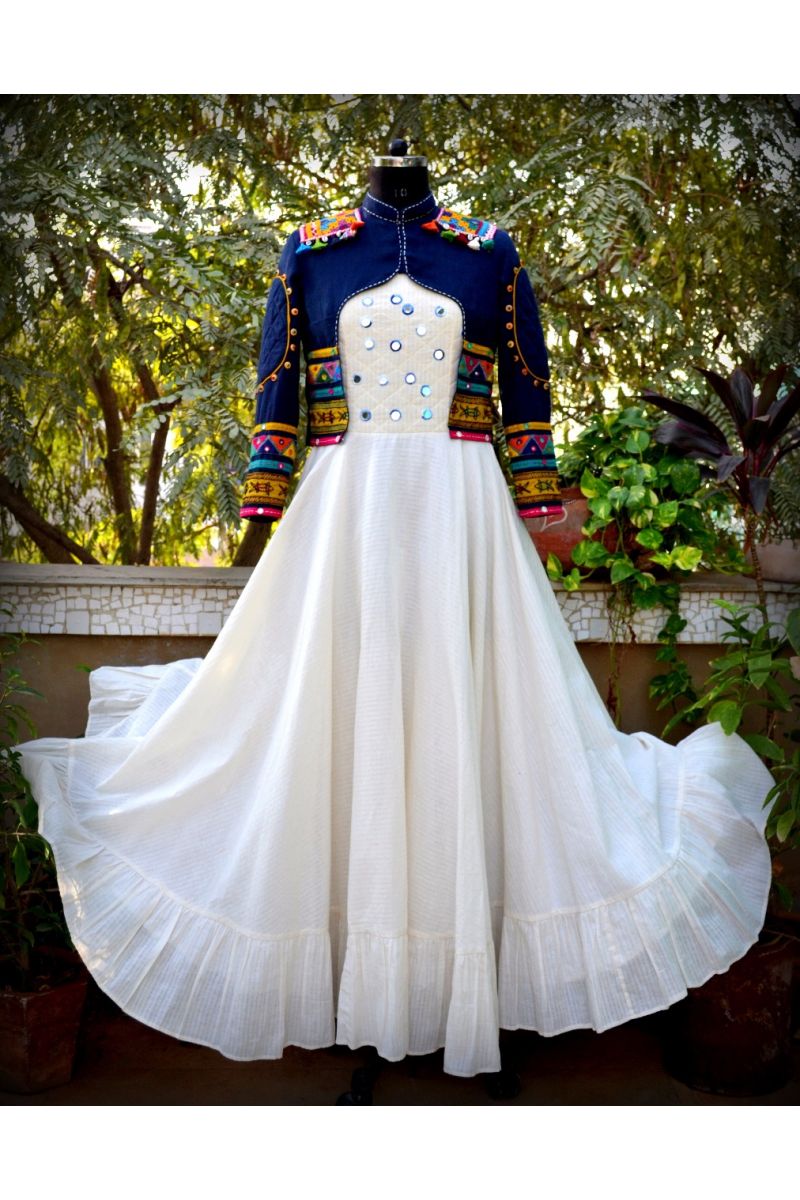 Navy Blue And White Chanderi Silk Hand Embroidered Temple Gown With Jacket