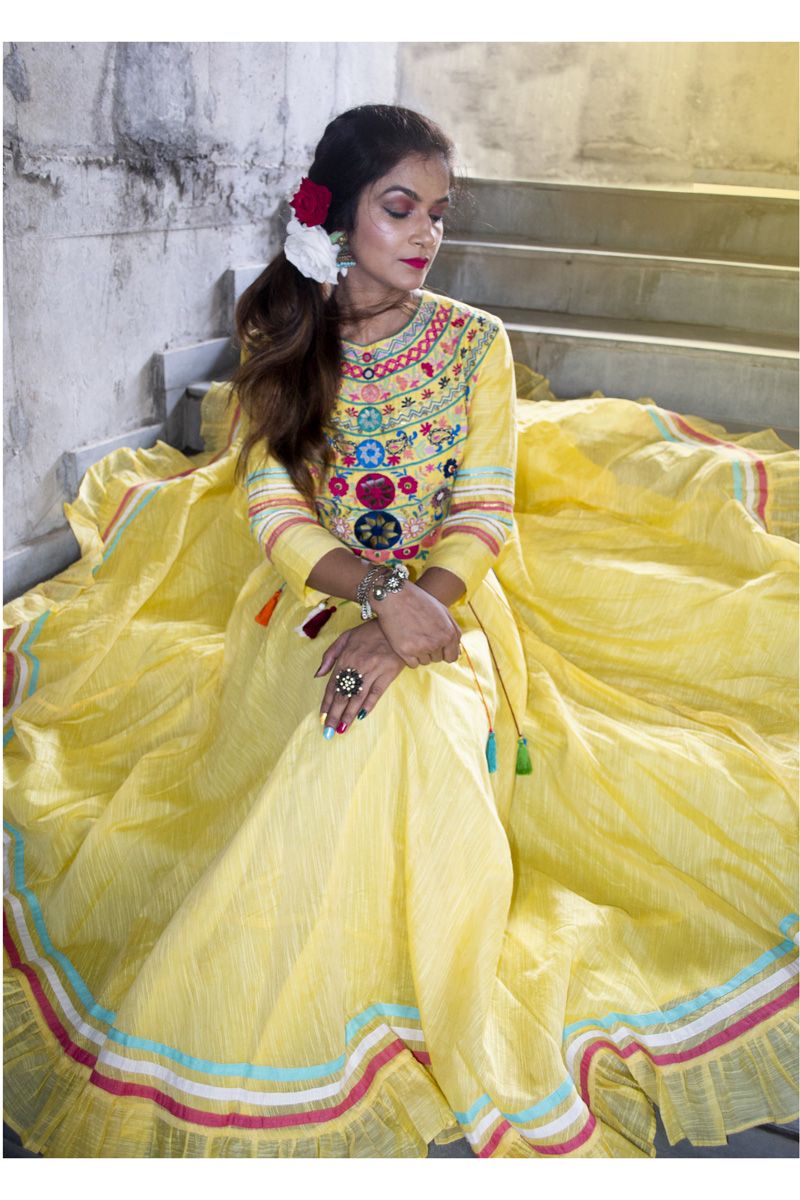 Lemon Yellow Chanderi Silk Hand Embroidered basic 3/4th Sleeves Life Of Chakra Gown