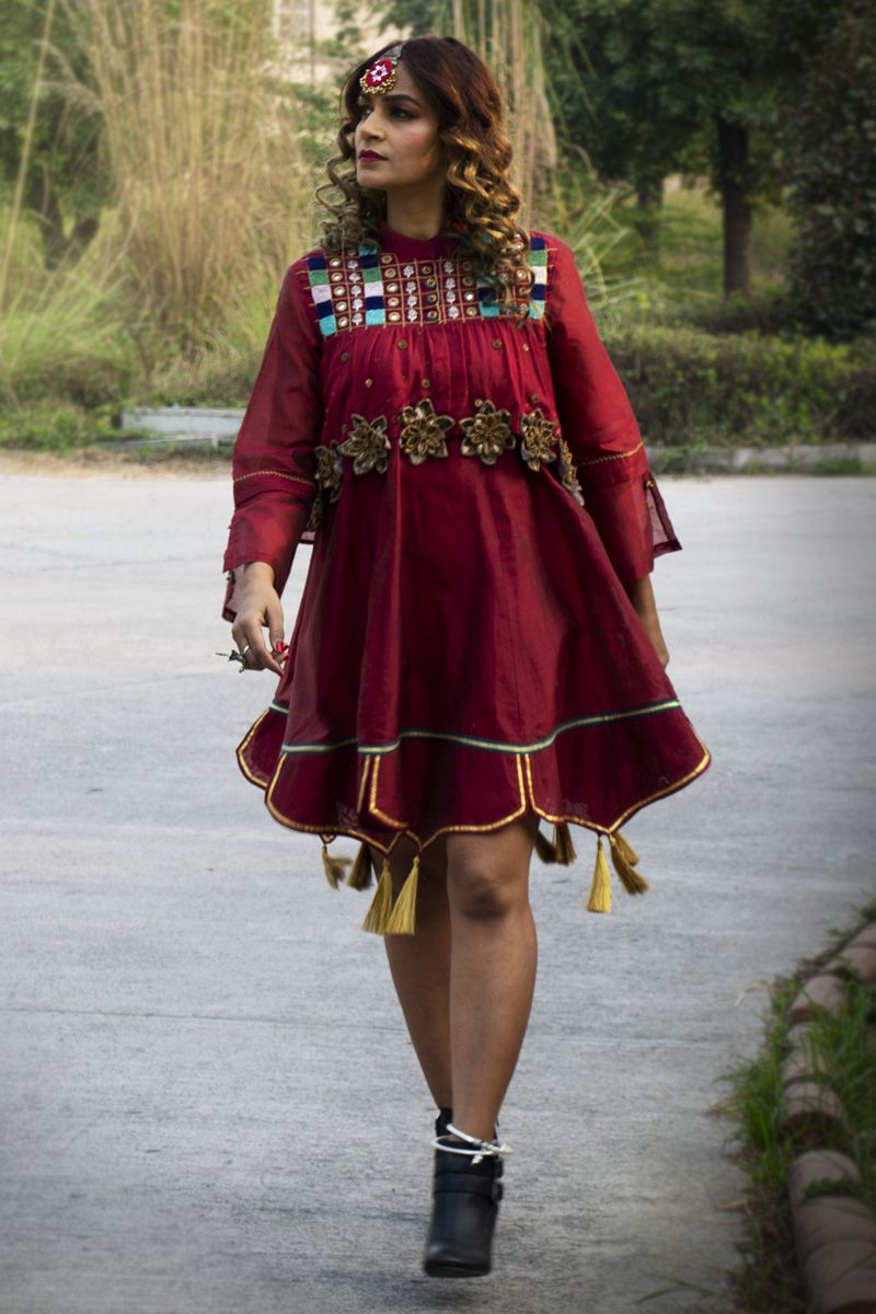 Maroon Chanderi Silk Hand Embroidered 3/4th Sleeves A Line Lotus Dress