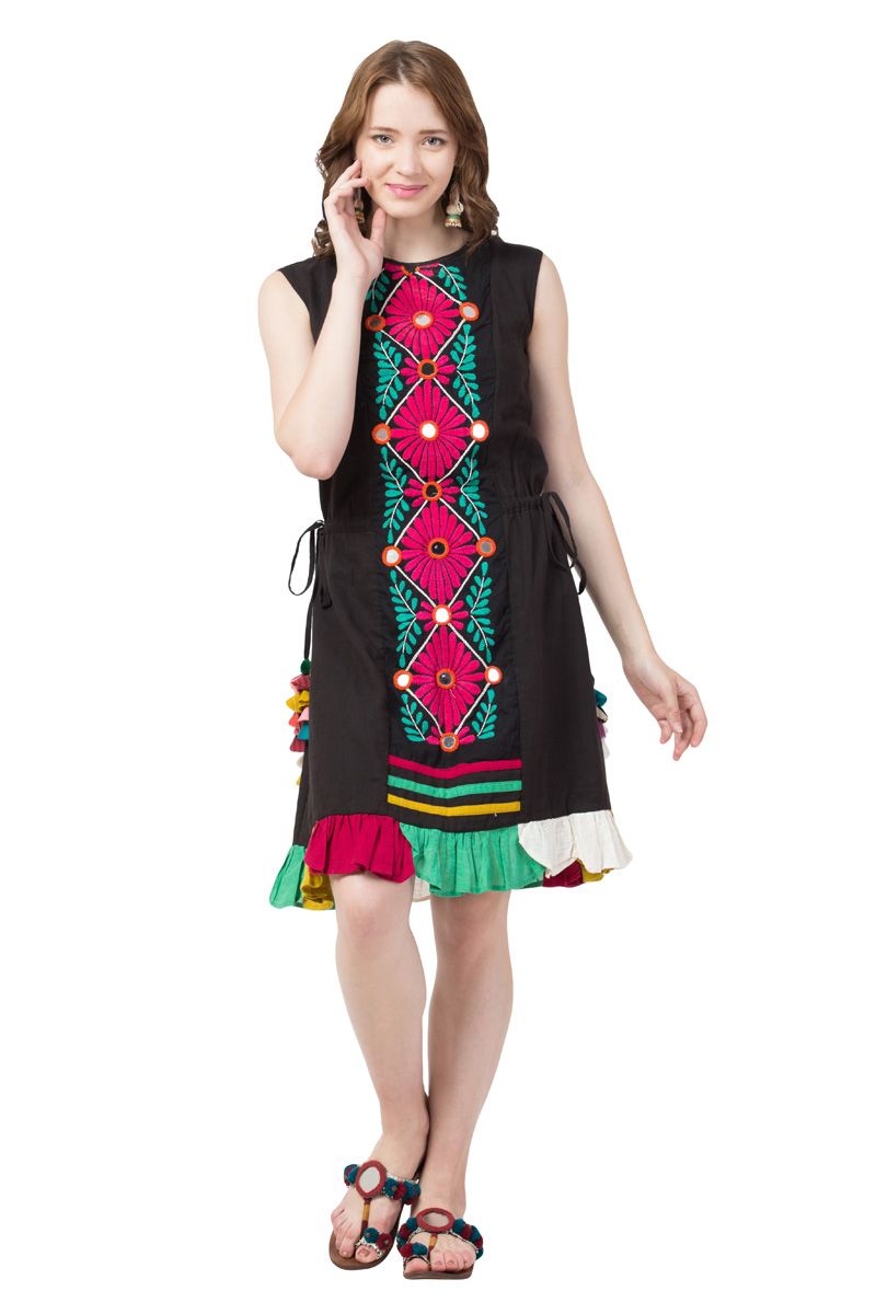 Black Slub Cotton Hand Embroidered Sleeveless A Line Daisy Dress