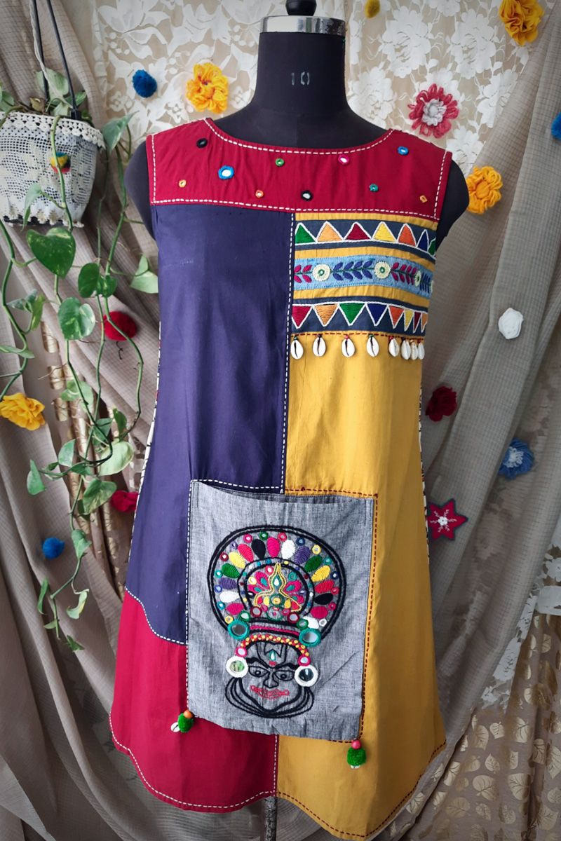 Cotton Hand Embroidered Sleeveless A Line Pop Kathakali Dress