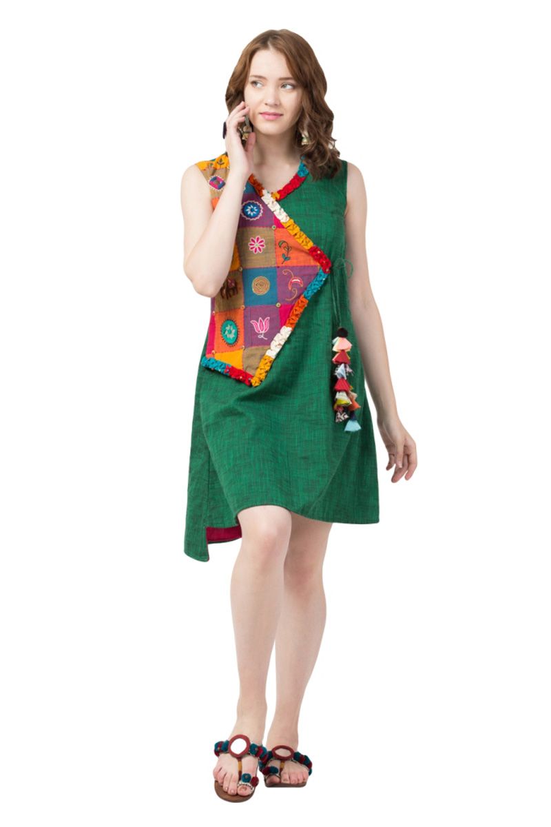 Green Cotton Hand Embroidered Sleeveless A Line Cubism Koti Dress