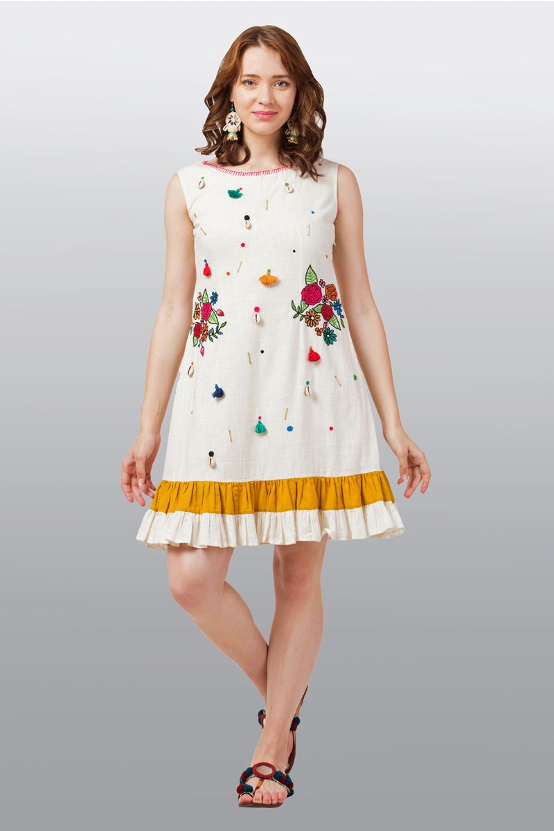 Off White Slub Cotton Hand Embroidered Sleeveless A Line Bunch Flowers Dress