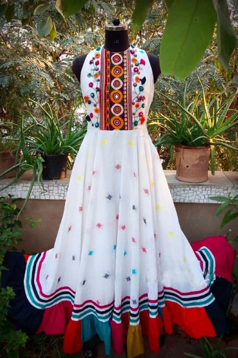 Off White Cotton Hand Embroidered Sleeveless Surajmukhi Gown