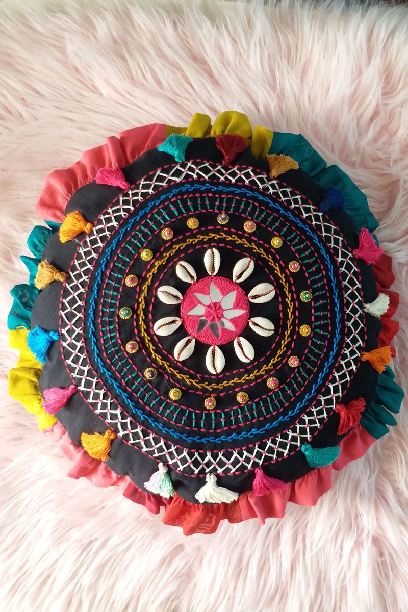 Black Cotton Hand Embroidered 16 Inches Diametre Mandala Round Cushion