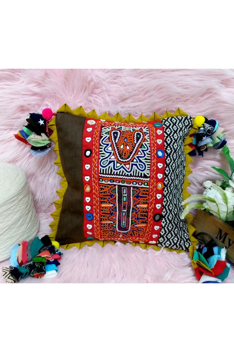 Multi Color Cotton Hand Embroidered 12*12 Inches Gujarati Love Square Cushion