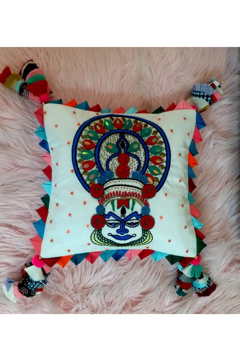 White Cotton Hand Embroidered 12*12 Inches Kathakali Square Cushion