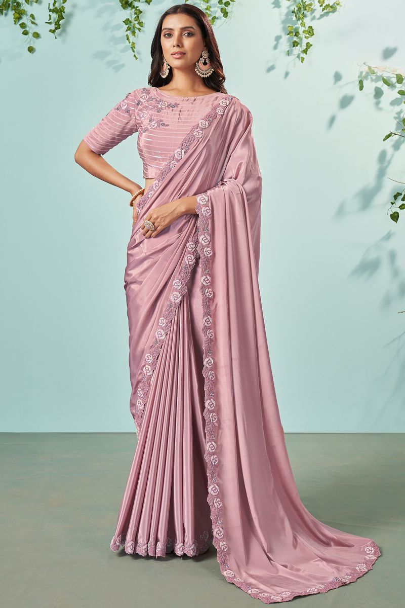 Embroidered Lace Border Work Pink Color Crepe Silk Fabric Reception Wear Saree