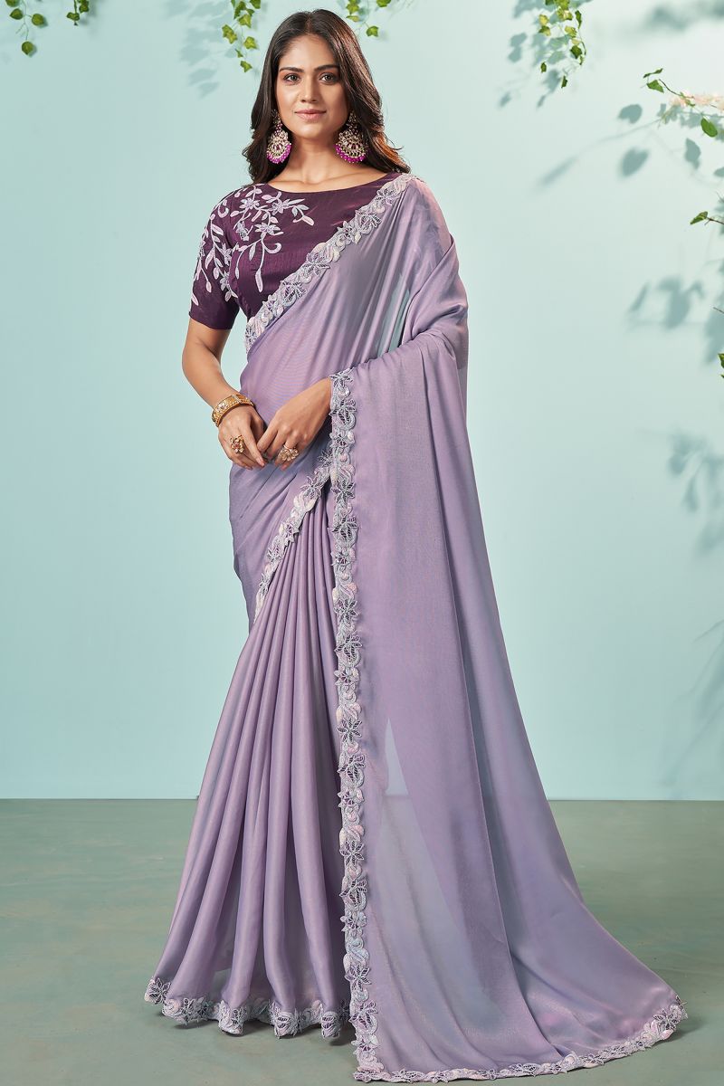 Violet Color Organza Silk Fabric Sangeet Wear Embroidered Lace Border Work Saree