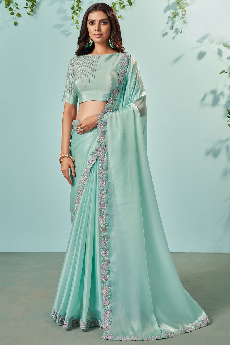 Sea Green Color Organza Silk Fabric Embroidered Lace Border Work Function Wear Fancy Saree