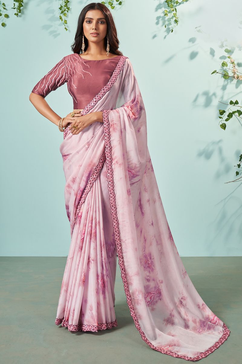 Pink Color Crepe Silk Fabric Embroidered Lace Border Work Function Wear Fancy Saree