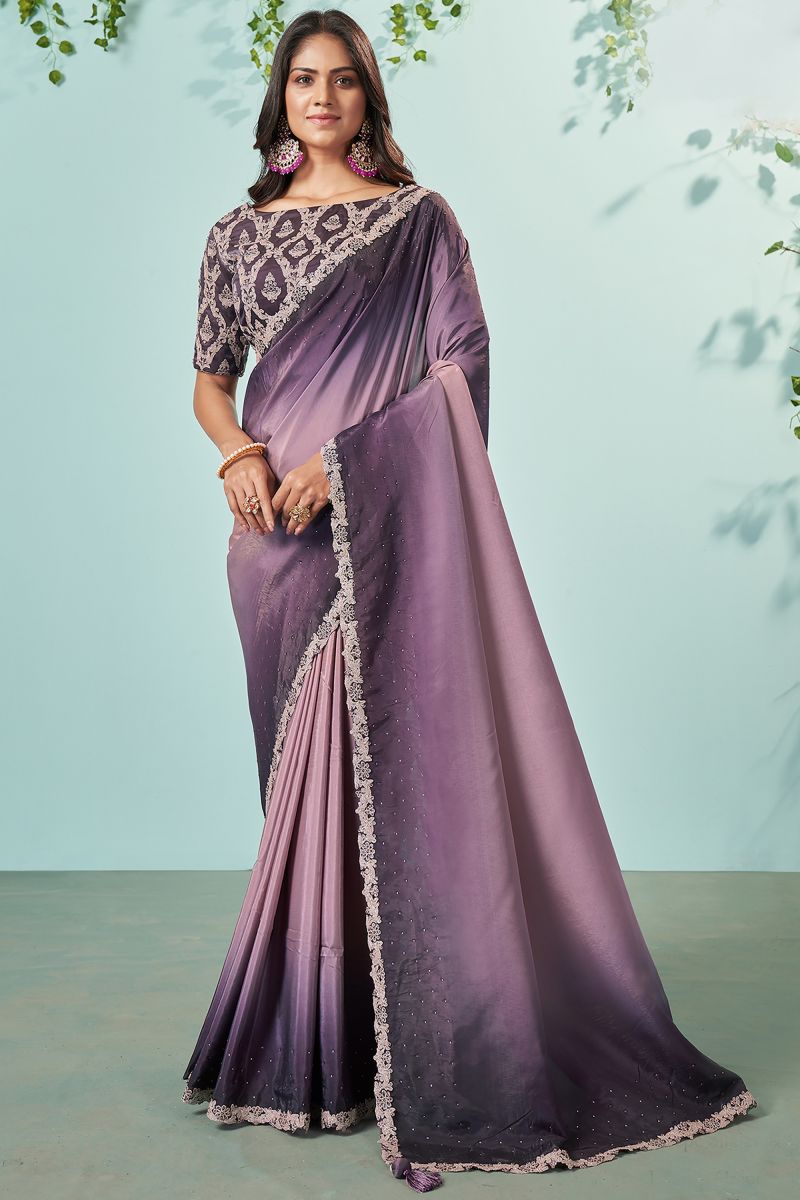 Crepe Silk Fabric Purple Color Embroidered Lace Border Work Festive Wear Trendy Saree