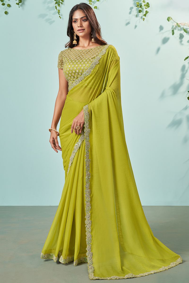 Green Color Embroidered Lace Border Work Chiffon Fabric Sangeet Wear Saree