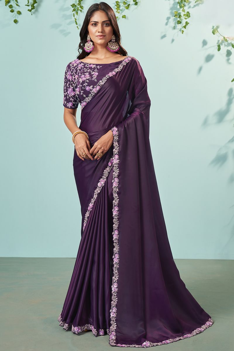 Crepe Silk Fabric Wedding Wear Dark Purple Color Fancy Embroidered Lace Border Work Saree