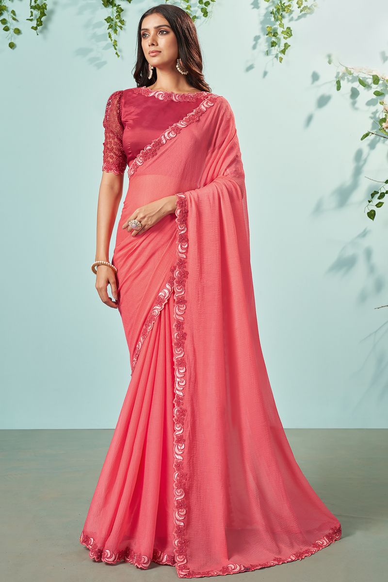 Peach Color Reception Wear Trendy Embroidered Lace Border Work Saree In Chiffon Fabric