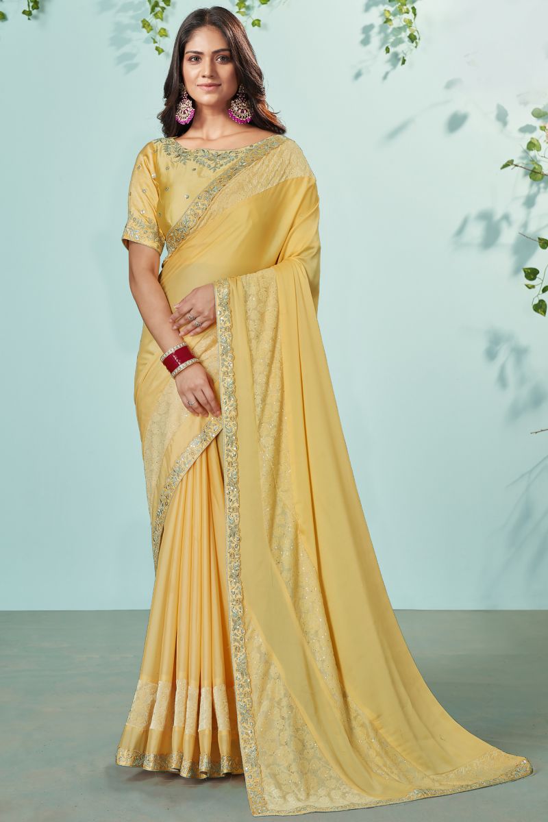 Mustard Color Georgette Silk Fabric Embroidered Lace Border Work Festive Wear Fancy Saree