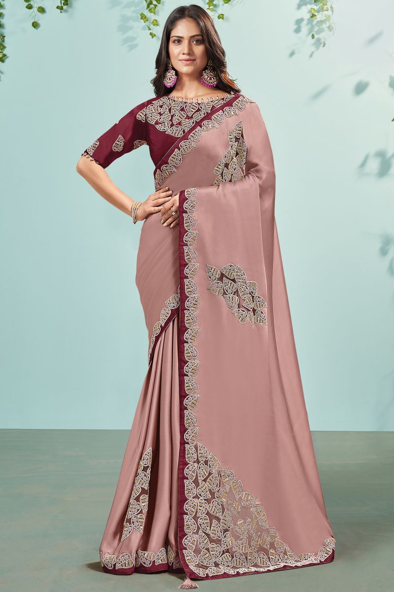 Satin Silk Fabric Embroidered Lace Border Work Pink Color Sangeet Wear Trendy Saree