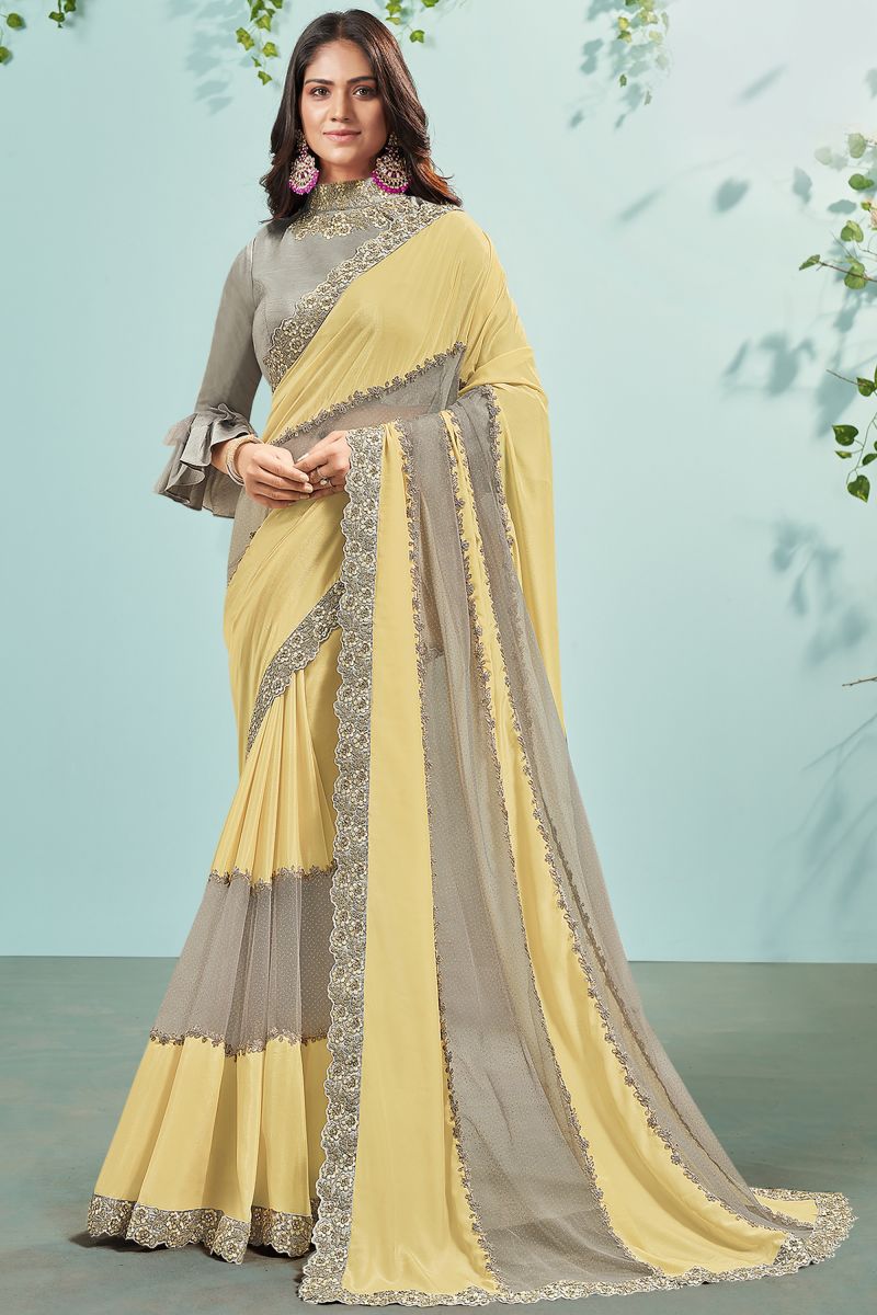 Yellow And Grey Color Georgette Silk Fabric Fancy Embroidered Lace Border Work Sangeet Wear Saree