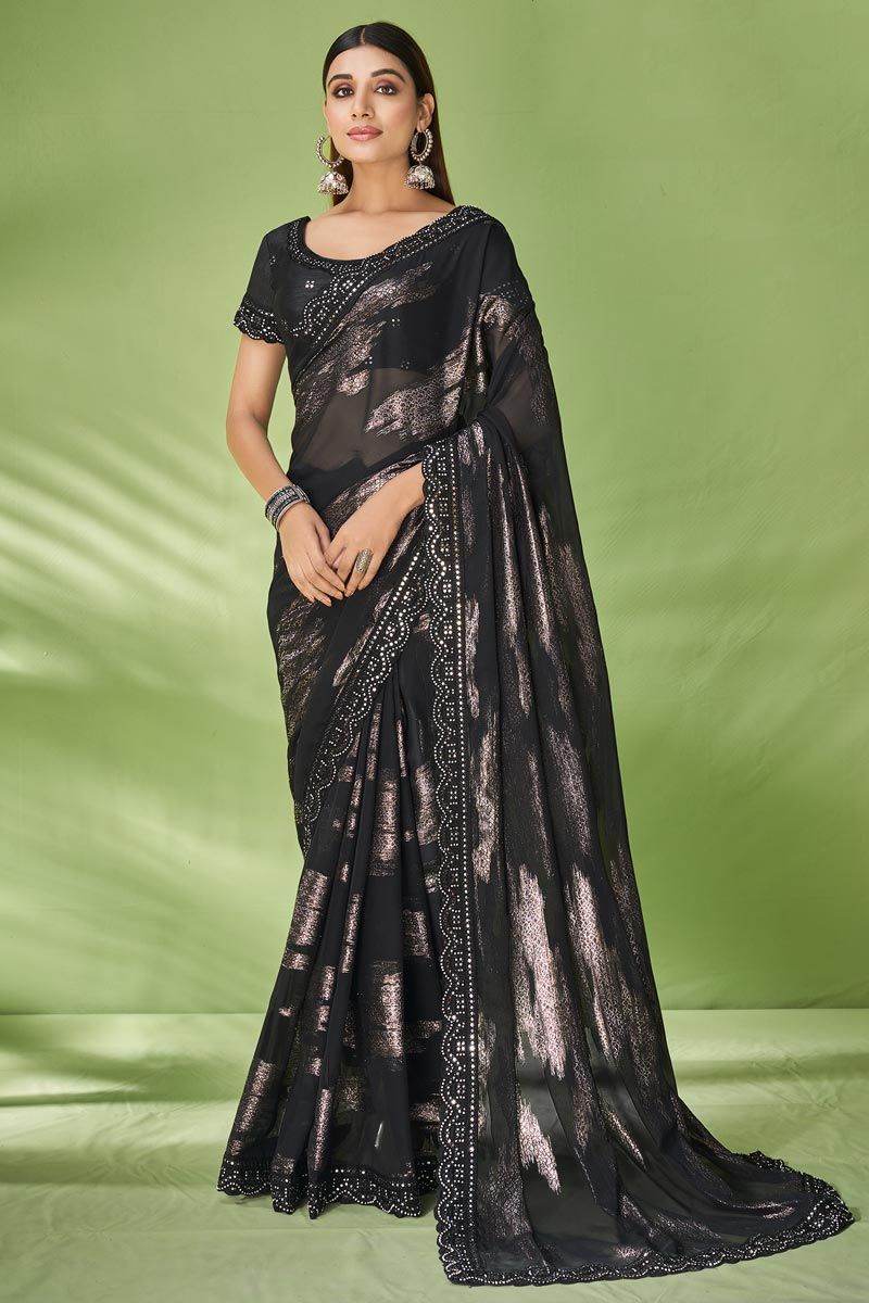 Foil Printed Georgette Saree In Black Color