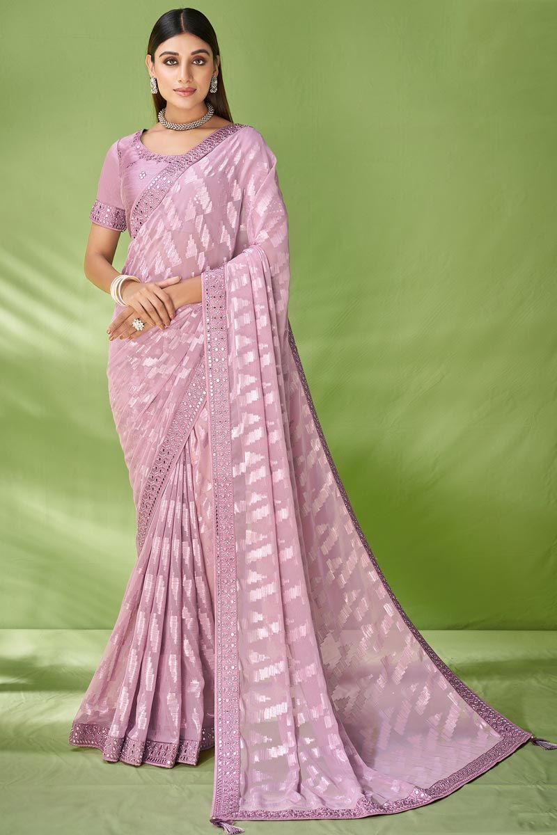 Foil Printed Georgette Saree In Pink Color