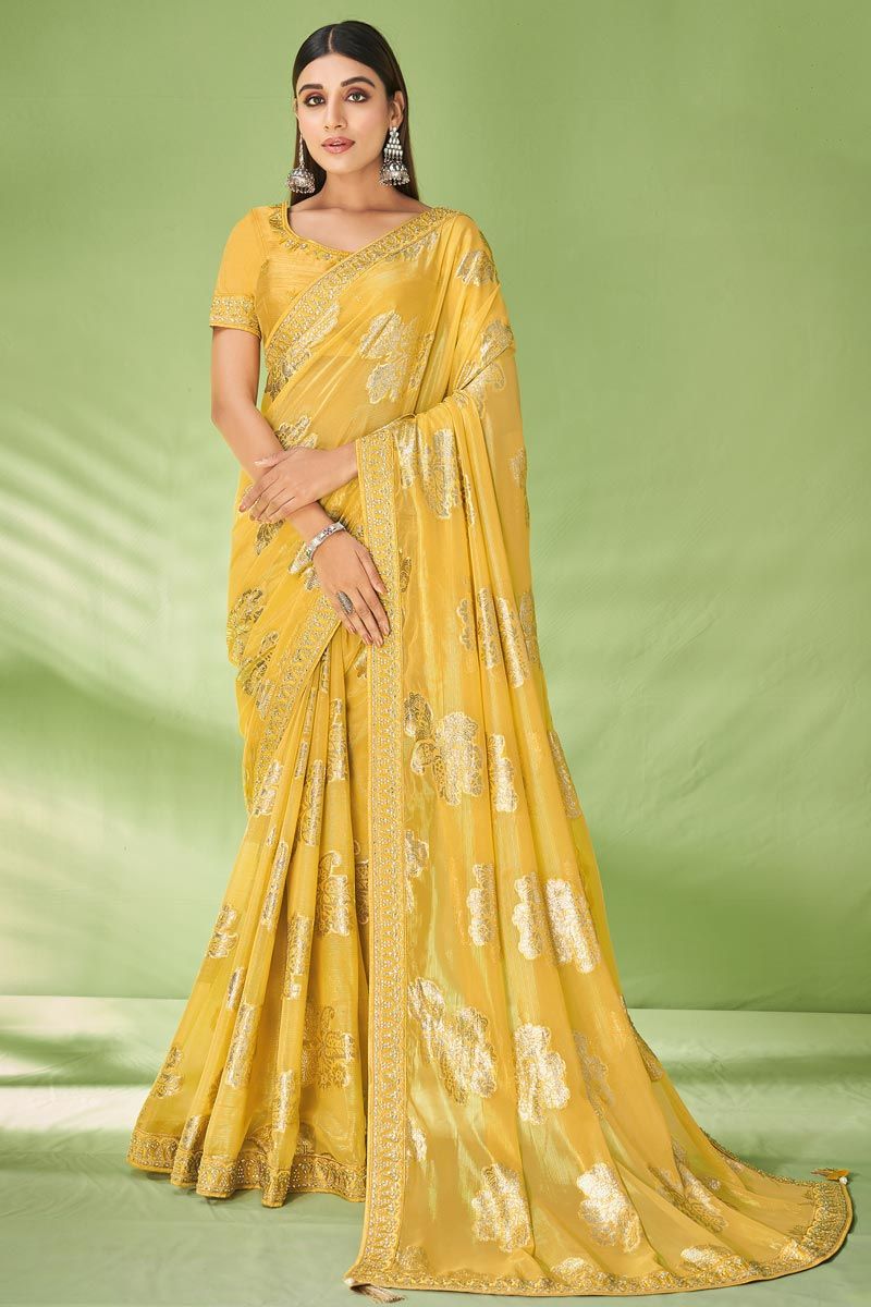 Yellow Color Foil Printed Georgette Saree