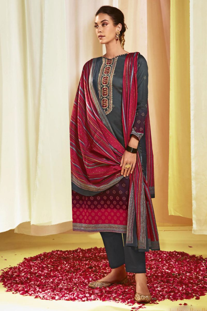 Printed Work Grey Color Inventive Salwar Suit In Satin Fabric