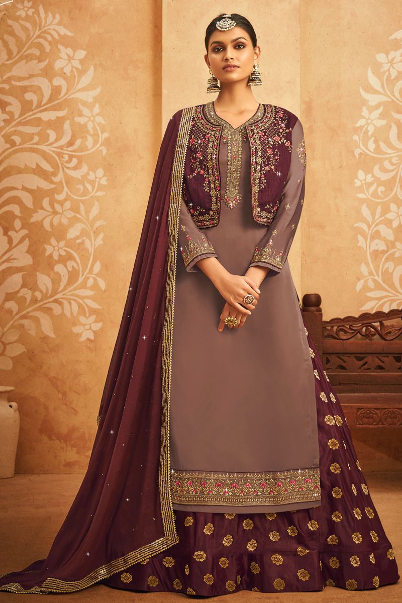 Classic Brown Georgette Sharara Top Lehenga With Jacket