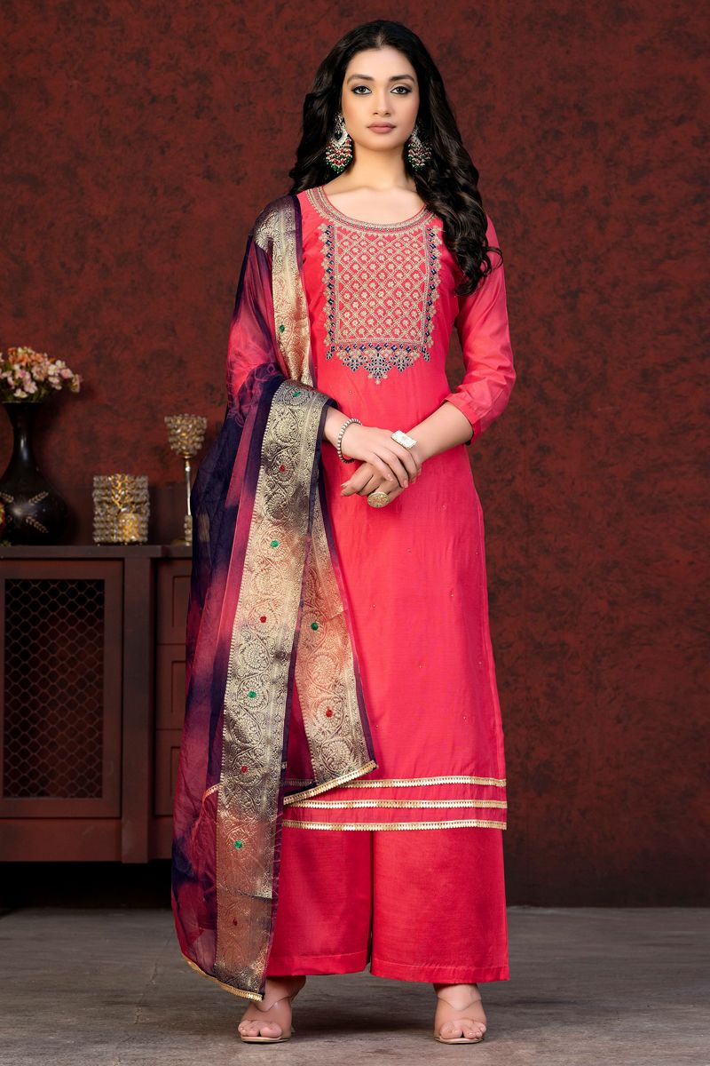 Elegant Pink Color Resham Embroidered Designs Palazzo Suit