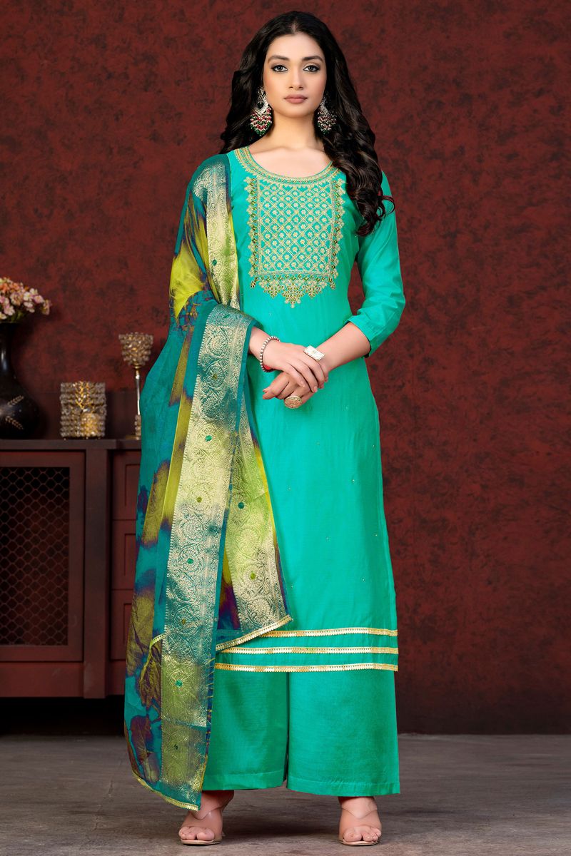 Graceful Resham Embroidered Work Sea Green Color Chanderi Palazzo Suit