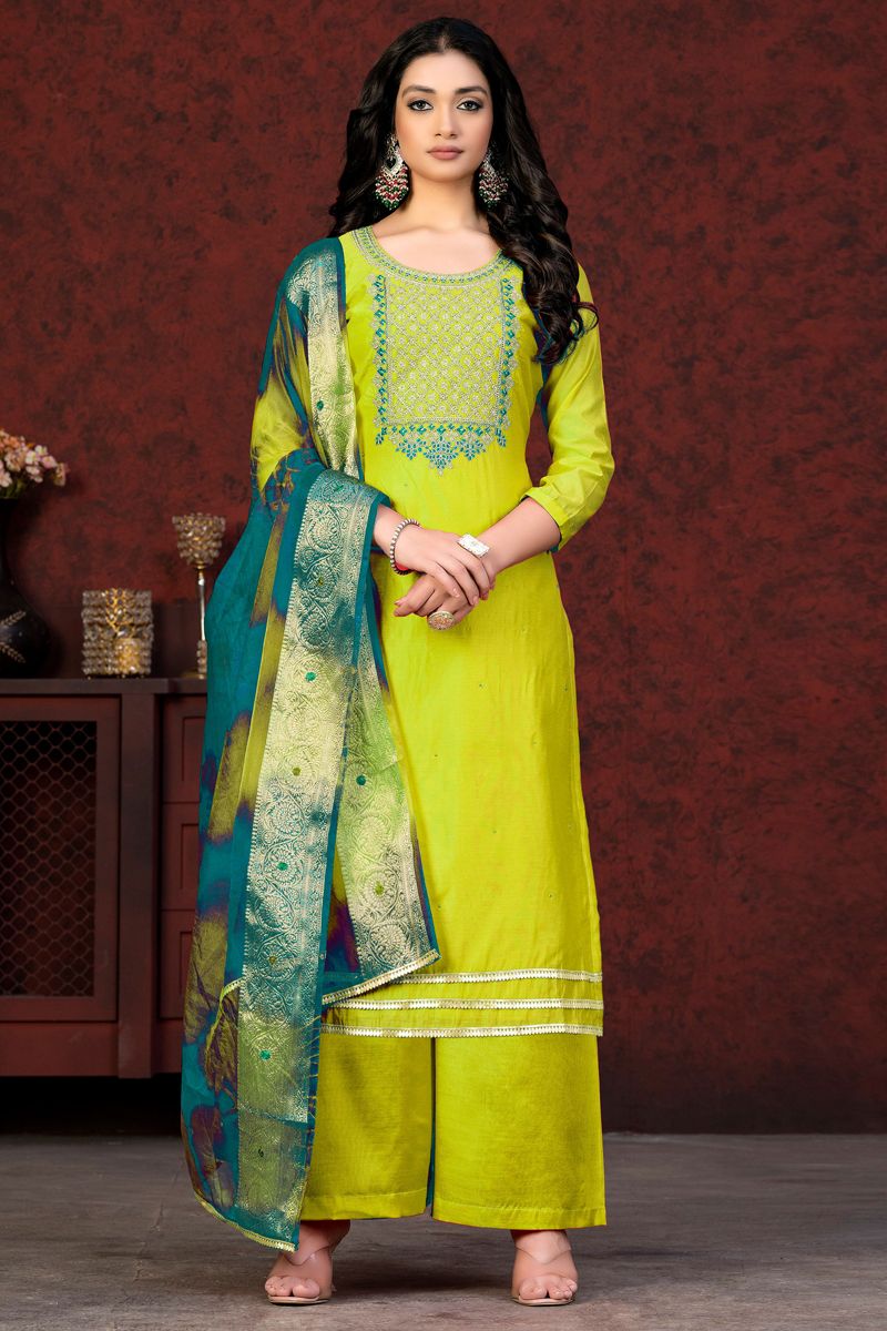 Resham Embroidered Work Chic Green Color Palazzo Suit