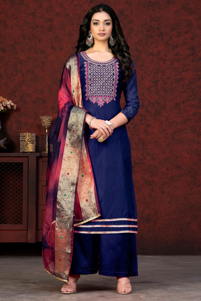 Glamorous Navy Blue Color Chanderi Resham Embroidered Work Palazzo Suit