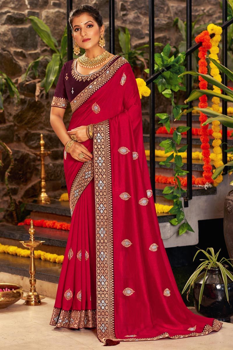 Vichitra Silk Fabric Wonderful Embroidered Saree In Red Color