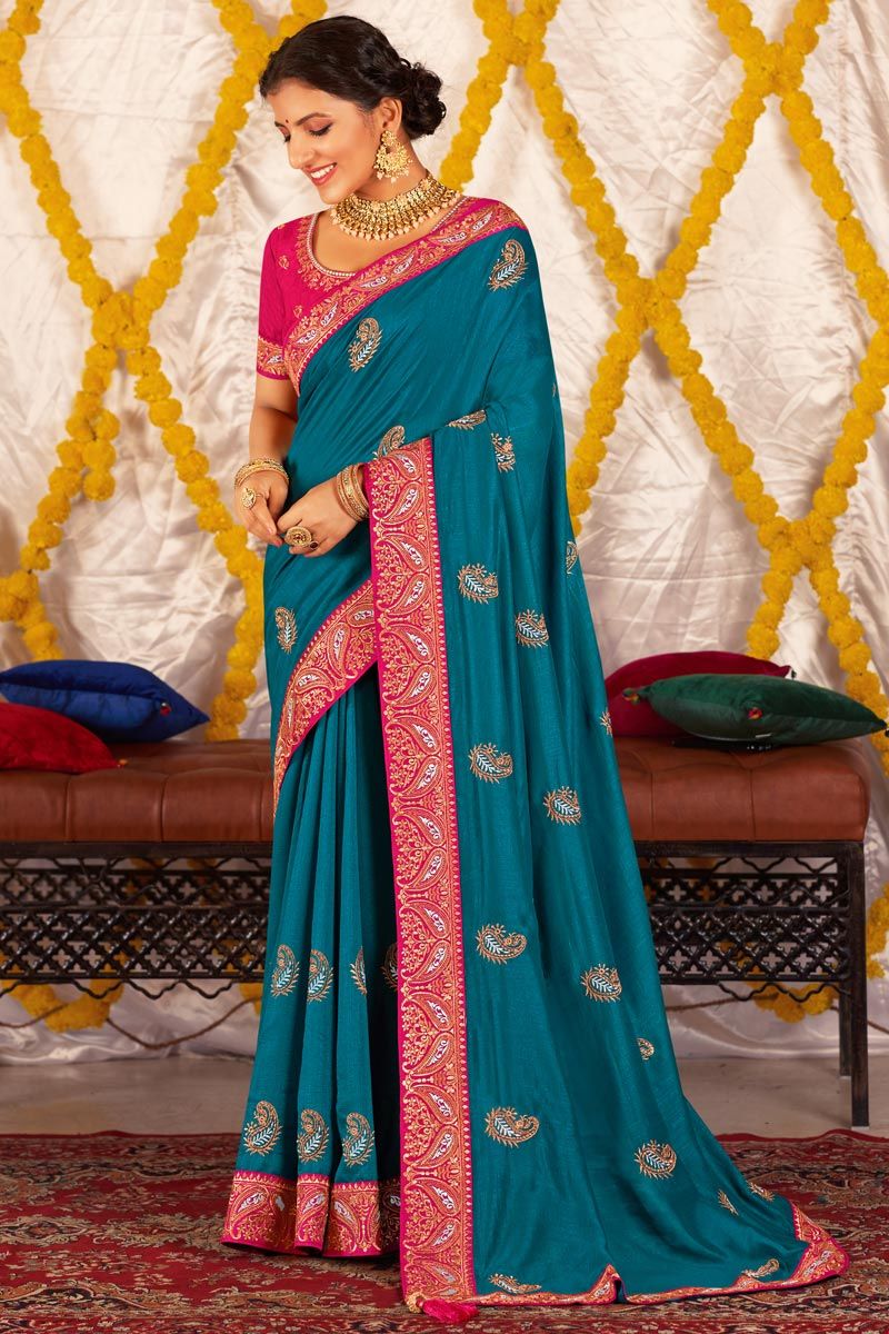 Vichitra Silk Fabric Blue Color Fantastic Embroidered Saree