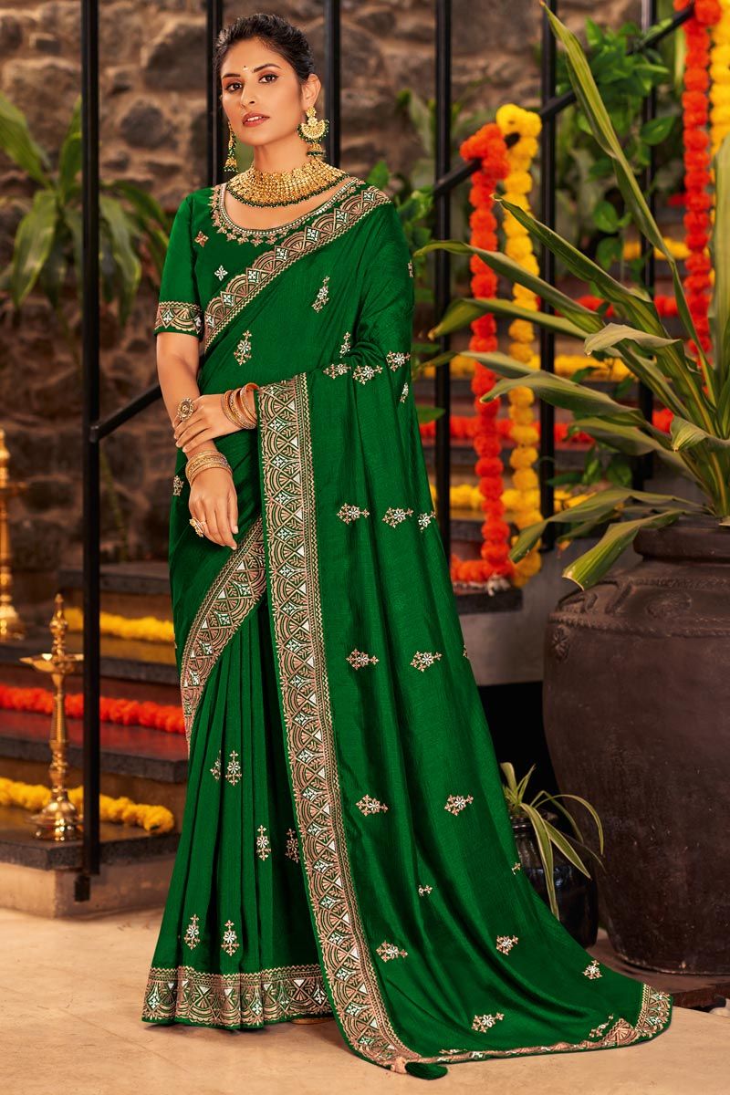 Green Color Vichitra Silk Fabric Awesome Embroidered Saree