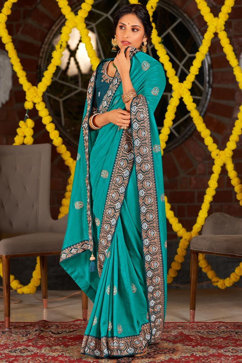 Vichitra Silk Fabric Cyan Delicate Embroidered Saree