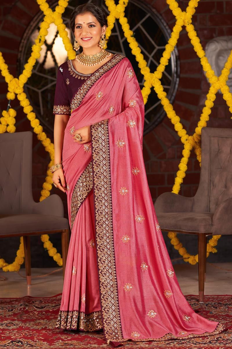 Pink Color Vichitra Silk Fabric Chic Embroidered Saree