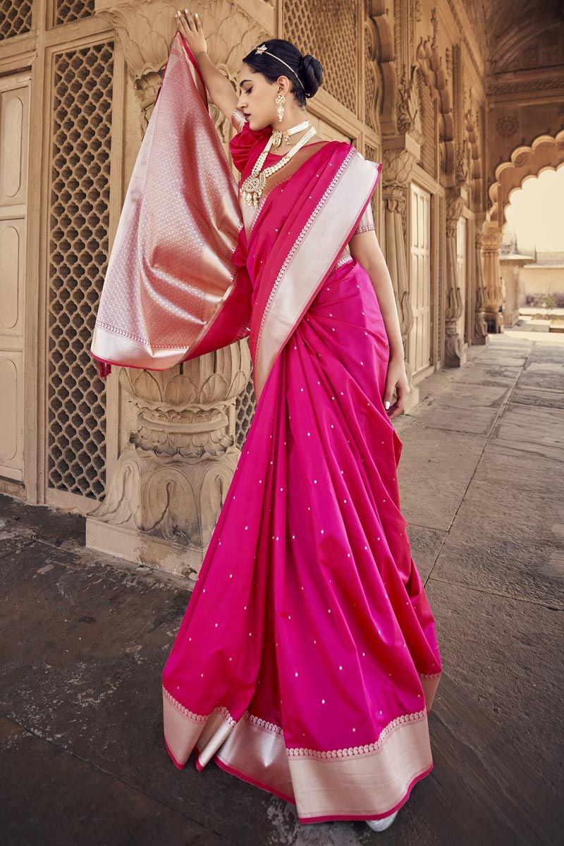 Marvelous Weaving Border Work On Satin Silk Saree In Pink Color