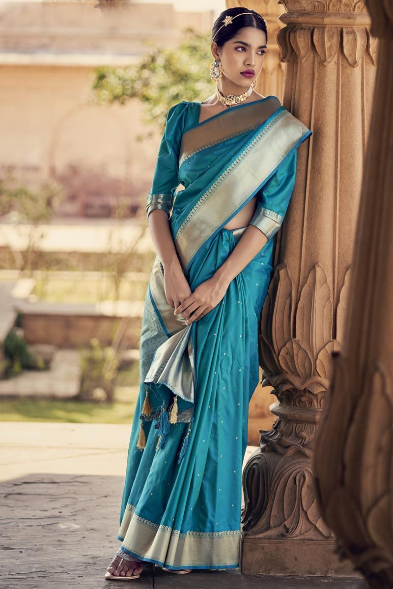 Attractive Sky Blue Color Satin Silk Saree With Weaving Border Work